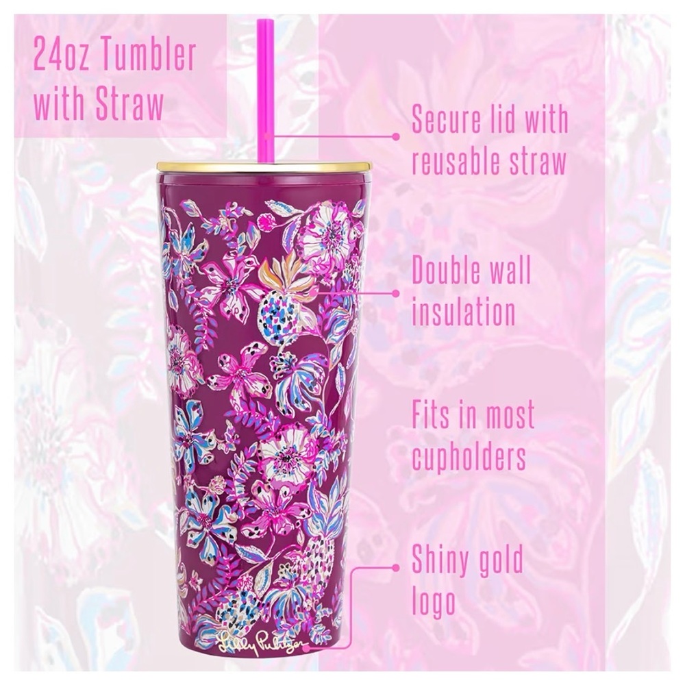 Lilly Pulitzer Double Wall Tumbler with Lid and Reusable Straw, Amarena Cherry